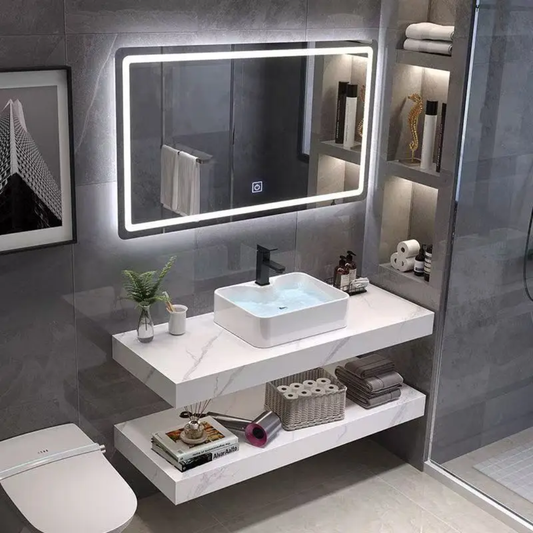 Custom-Made Double tier Vanity with Floating Counter-top quartz Stone Top (Custom Sizes From 70cm up to 200cm)