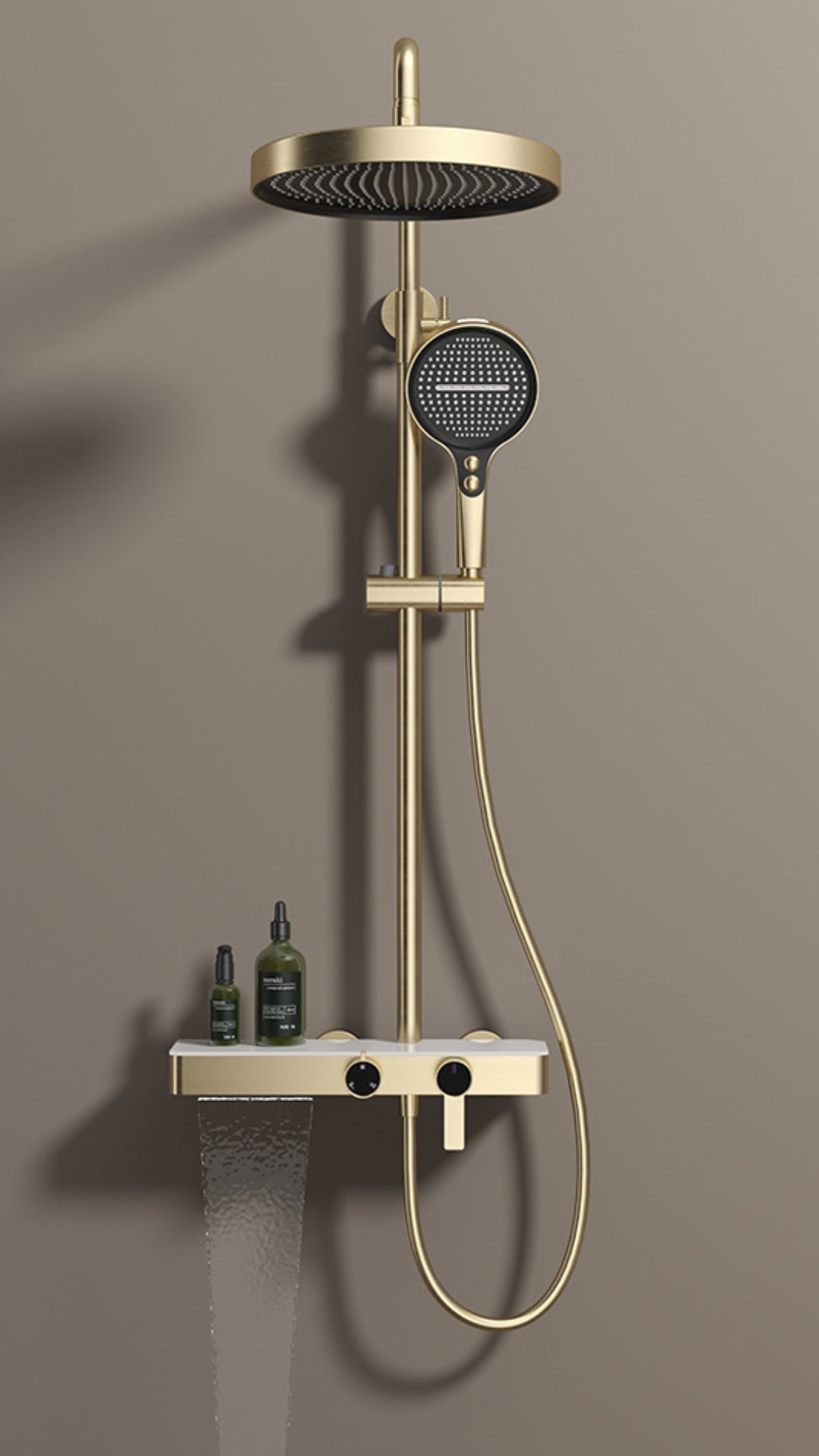 Three Function Brushed Gold Shower Set with tempered glass