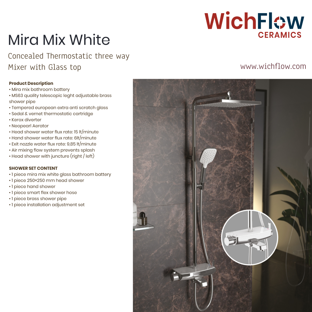 Mira Mix White Thermostatic three way Mixer with Glass top